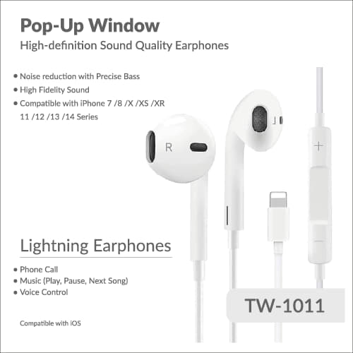 TW-1011 High Quality Pop-Up Window 8pin Connector Earphone Compatible with iPhone