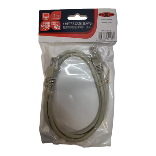 Maxam Cat6 RJ45 1 Metre Moulded Ethernet Networking Patch Lead (Grey)