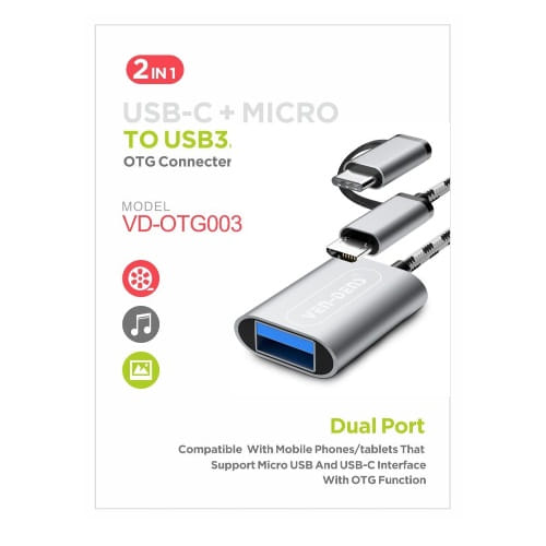 Ven-Dens VD-OTG003 Dual-Port OTG Adapter USB-C & Micro USB to USB 3.0