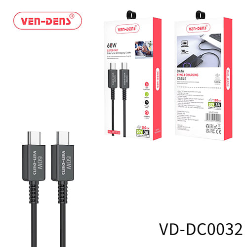 Ven-Dens VD-DC0032 60W High-Speed USB-C to USB-C 1.8m Cable for Rapid Data Transfer and Quick Charging