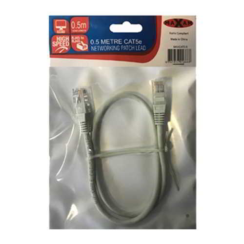 Maxam Cat5e RJ45 0.5m Moulded Ethernet Networking Patch Lead (Grey)