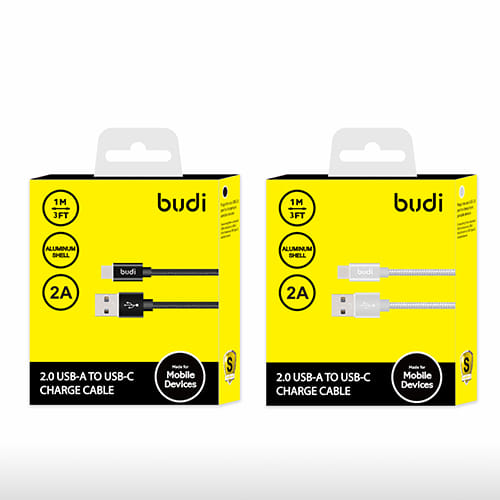 Bulk BUDI 180T 2A 1M TYPE-C to USB Braided Data Cable
