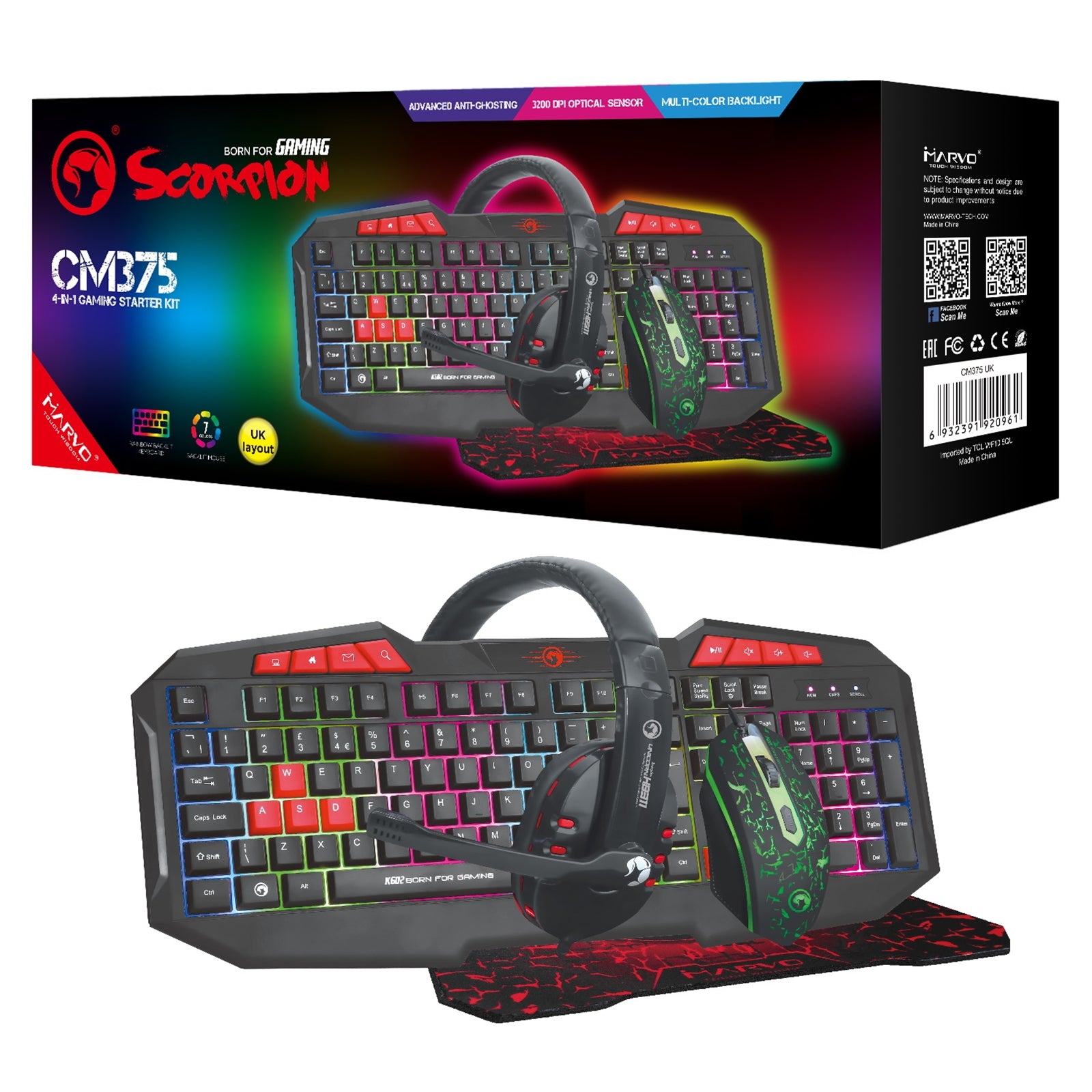 Marvo Scorpion CM375 Ultimate 4-in-1 Gaming Bundle: Wired Keyboard, Mouse, Headset, and Mouse Pad