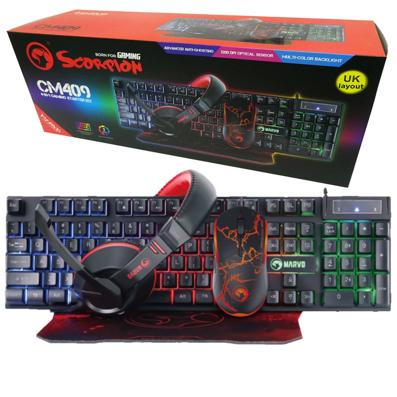 Marvo Scorpion CM409-UK Ultimate Gaming Kit  Wired Keyboard, Mouse, Headset & Mousepad Combo
