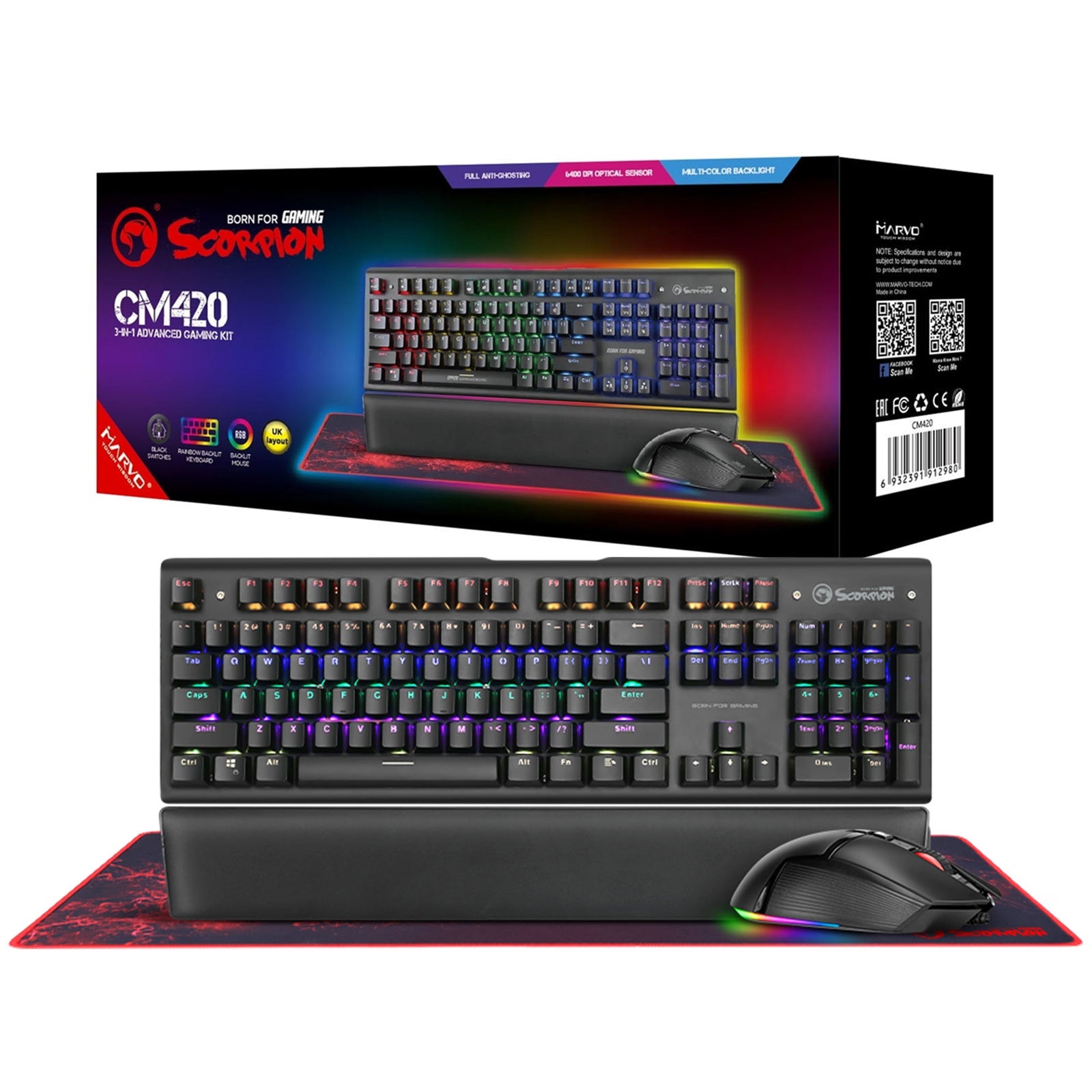 Marvo Scorpion CM420-UK Ultimate Gaming Bundle: Mechanical Keyboard, Ergonomic Mouse, & Precision Mouse Pad