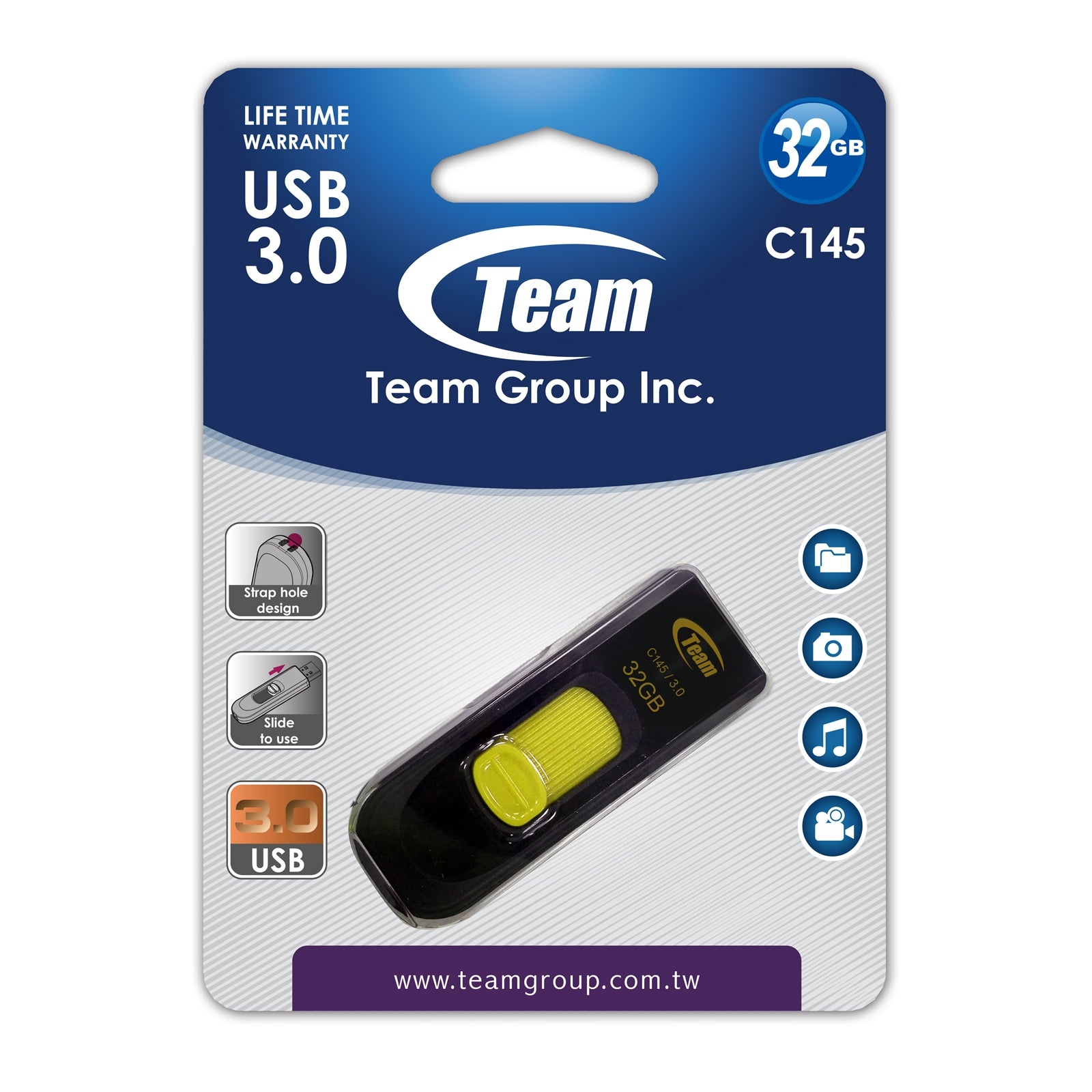 Team C145 High-Speed 32GB USB 3.0 Flash Drive - Sleek Yellow